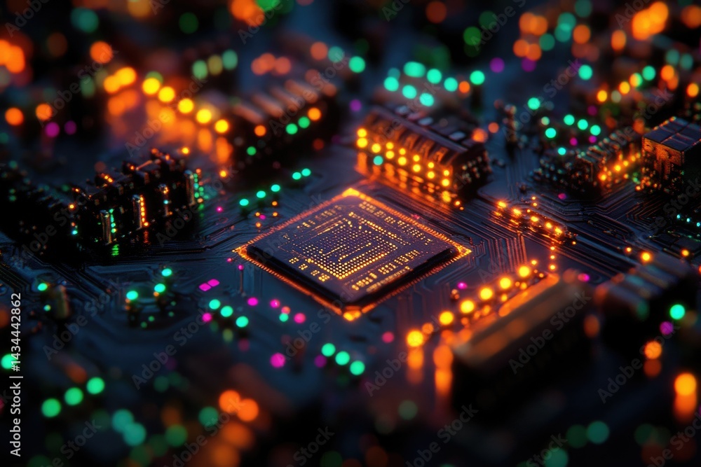 Aufkleber Close-up view of a glowing circuit board with a central processor, showcasing intricate electronic components.