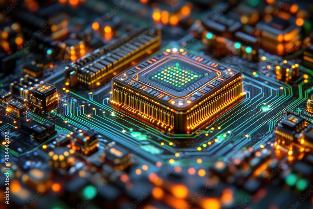 Fototapete close-up of a computer processor, showcasing intricate circuitry and glowing components.