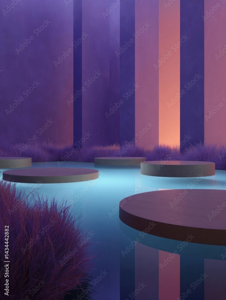 Poster 3d rendering of a futuristic landscape with a pool of water in the foreground.