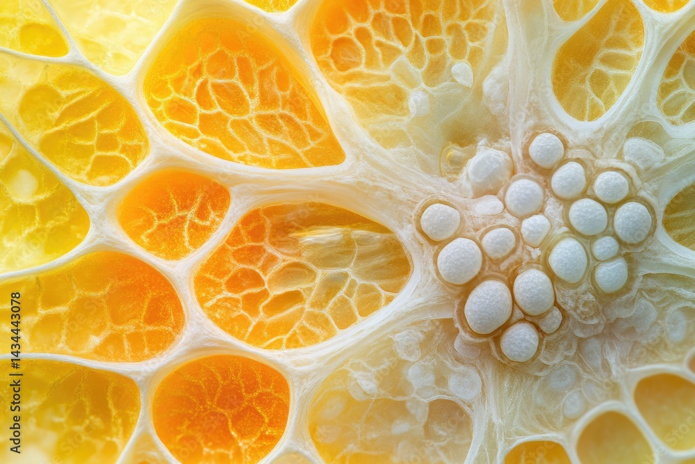 Aufkleber close-up of intricate, honeycomb-like structure with vibrant yellow and white sections.