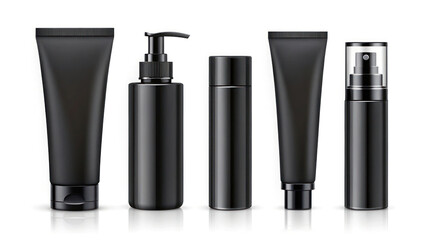 Obraz premium Realistic vector set of empty black skincare tubes and pump bottles. Isolated on white background.