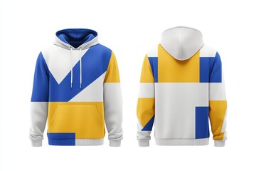 A white hoodie with blue and yellow geometric patterns