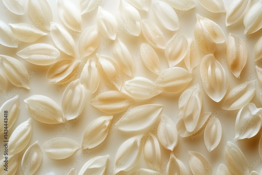 Poster a collection of delicate, translucent, beige seed pods or shells arranged on a white background.