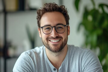 Obraz premium A smiling man with glasses and short brown hair, wearing a light grey henley shirt.