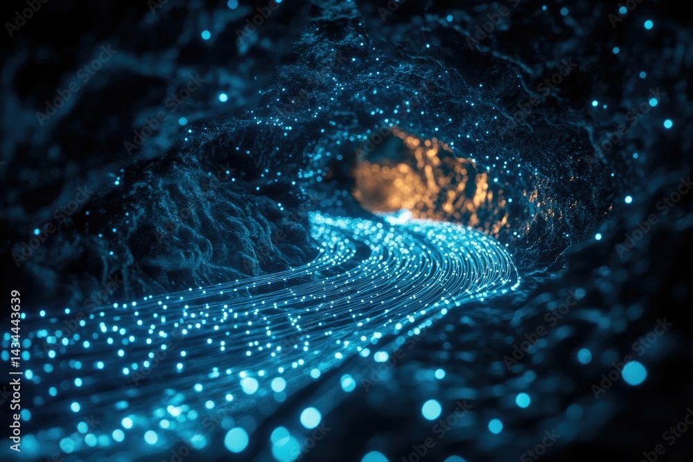 Aufkleber glowing blue data streams flow through a dark, cavernous tunnel, representing digital pathways.