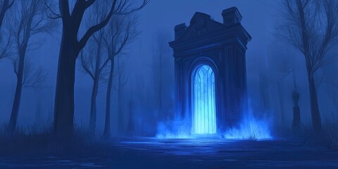Naklejka premium Ethereal blue portal glows in a dark, foggy forest at night.