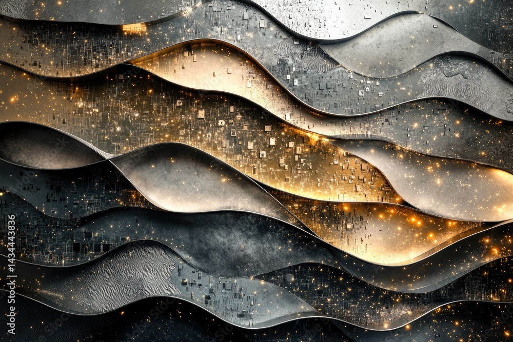 Aufkleber Abstract digital artwork depicting undulating metallic waves with embedded circuitry and glowing particles.