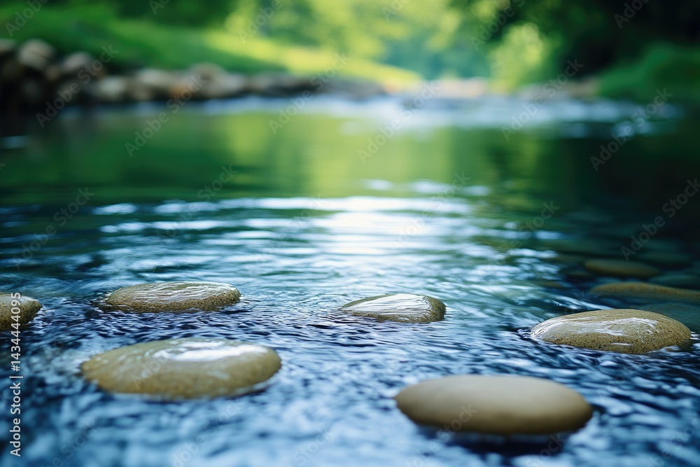 Aufkleber serene stream with smooth stones gently resting on the surface, reflecting tranquility.