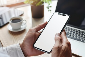 Latin indian adult student holding using mock up of cell mobile smartphone with empty blank white screen for advertising. Over shoulder closeup view.