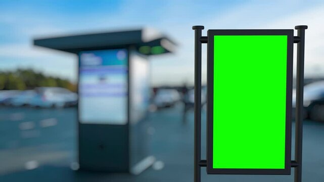 Green screen billboard showcasing content against various parking lot backgrounds with different lighting conditions from day to sunset