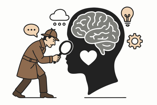Deep Mind Investigation: Detective Explores Brain, Heart, and Mental Processes with Magnifying Glass. Conceptual Vector Illustration for Psychology and Self-Analysis.