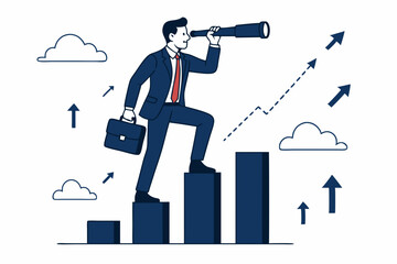 Ambitious businessman with telescope atop ascending bar graph seeks future prospects and investment opportunities. Concept of financial growth, career ladder, and foresight vector illustration.