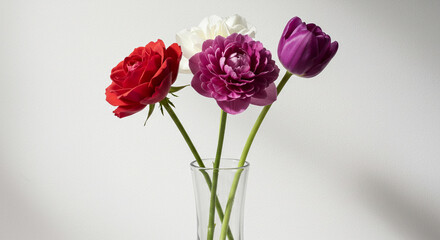 Vibrant Ranunculus and Tulip Bouquet in Glass Vase A Stunning Floral Arrangement