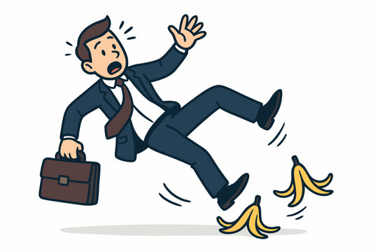 Vector Illustration of a Surprised Businessman in a Suit Slipping and Falling on Banana Peels, Concept for Business Accident, Risk, Failure, Hazard, and Mistake.