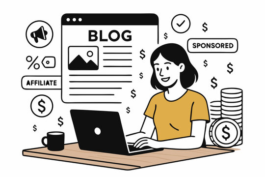 Blogger monetization strategy illustrated with a woman writing on laptop, showing sponsored content, affiliate links, promotion, and earning money online. Flat design vector concept.