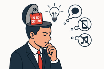 Businessman needs focus and quiet for deep work concept vector. Do not disturb sign in open head blocks distractions like phone, music, chatter for concentration, problem-solving, idea generation.