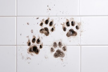 Muddy dog paw prints staining white tiles of a clean home