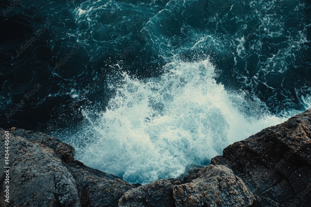 Poster ocean waves crashing against dark rocks, creating a dramatic splash of white foam.