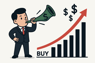 Fototapeta premium Cartoon investor businessman blowing money horn announcing buy signal for stock market growth. Financial success, profit forecast, and bull market investment chart vector illustration.