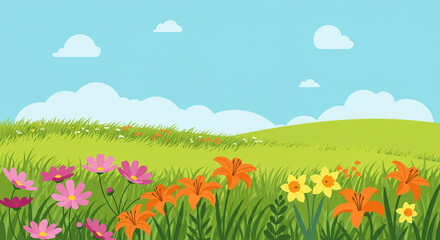 Vibrant Spring Meadow Colorful Flowers and Rolling Hills Landscape Illustration