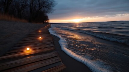 Lakeside boardwalk at sunset.  Soft warm light illuminates the wooden walkway leading to the water's edge as the sun dips below the horizon. Gentle waves lap at the shore