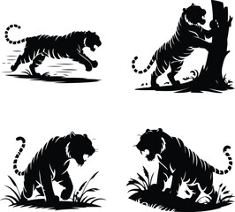 Tiger Silhouette Set | Wild Animal Vector Collection Roaring Tiger Silhouette | Jungle Wildlife Outline Pack