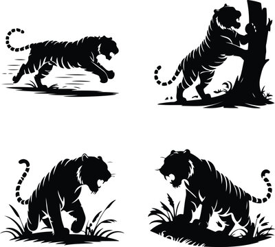 Tiger Silhouette Set | Wild Animal Vector Collection Roaring Tiger Silhouette | Jungle Wildlife Outline Pack