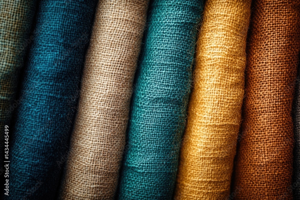 Poster close-up of rolled-up fabric bolts in various earthy tones, showcasing texture and color.