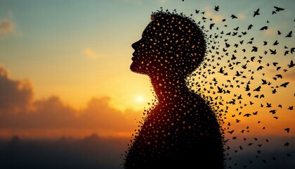 Silhouette of Transformation: A striking silhouette of a person, morphing into a flock of birds, symbolizing transformation, freedom, and the boundless spirit against a vibrant sunset.