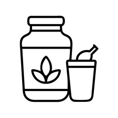 Herbal medicine bottle with leaf logo and measuring cup for natural remedy preparation guide