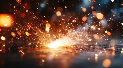 Naklejka premium Abstract image of fiery sparks exploding on a dark metal surface with bokeh lights and smoke.