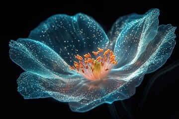 Glowing ethereal flower, radiant blue petals, sparkling dust, intricate details, mesmerizing.