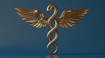 Golden Caduceus Asclepius symbol on blue background for medical designs and advertising