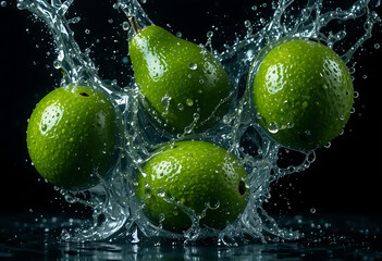 Green Fruits (Avocados) Splashing into Water - Dynamic Food Photography and Abstract Splash