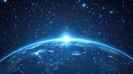 Breathtaking view of Earth's sunrise from space, showcasing a vibrant blue planet against a backdrop of twinkling stars and a cosmic glow.