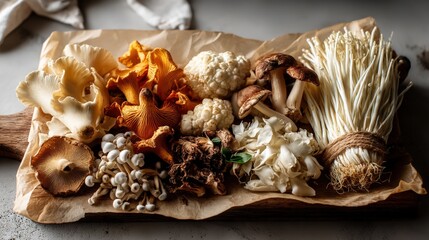 Fototapeta premium Assorted edible mushrooms arranged beautifully on parchment paper with bright lighting