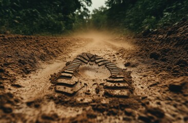 Fototapeta premium A single footprint in soft, brown, muddy dirt on a path through a forest