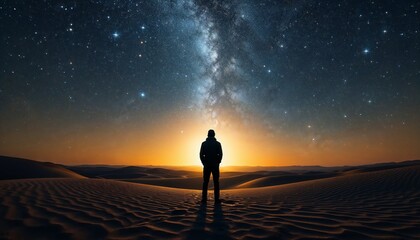 Stargazer's Solitude: A lone figure stands silhouetted against a breathtaking backdrop of the Milky Way, stars and a warm-hued sunset, evoking a sense of wonder and introspection.