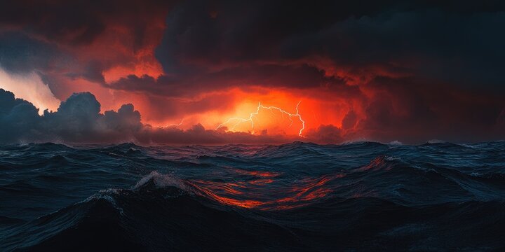 Dramatic image of a stormy ocean at night with fiery red clouds and intense lightning strikes.
