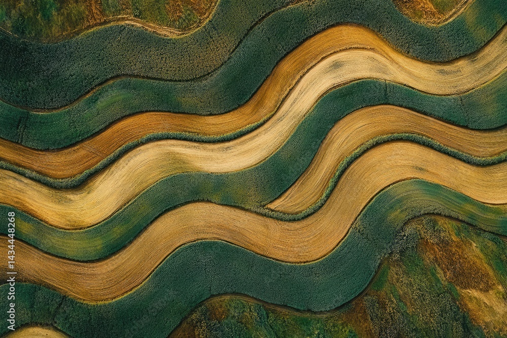 Poster aerial view of undulating agricultural fields, showcasing a wavy pattern of harvested and growing cr