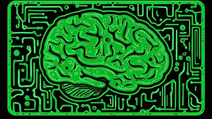 Green brain shape on a circuit board background, representing AI, neural networks, and technological innovation.