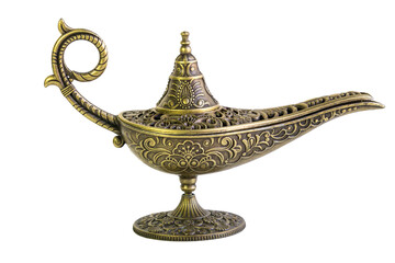 Ornate vintage oil lamp evoking Arabian Nights stories, transparent background, PNG file.