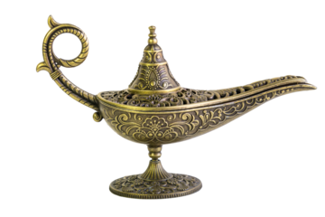 Ornate vintage oil lamp evoking Arabian Nights stories, transparent background, PNG file.