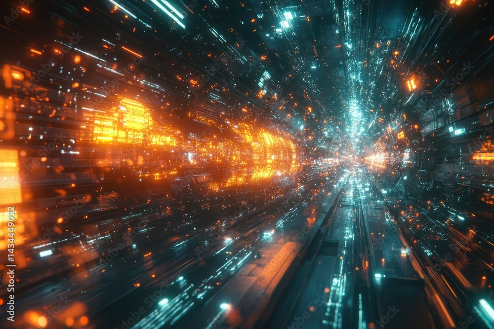 Poster a futuristic digital tunnel with vibrant orange and teal neon lights, showcasing fast-paced data str