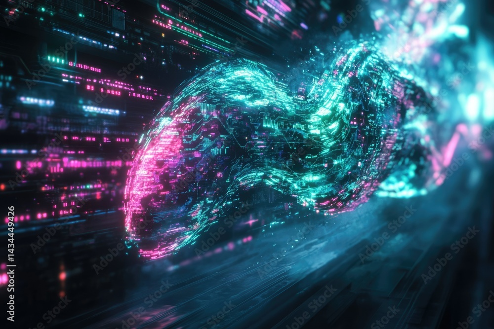 Poster abstract digital art depicting a glowing, swirling data sphere, showcasing futuristic technology and
