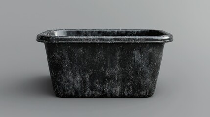 Worn, textured, dark plastic container, studio shot