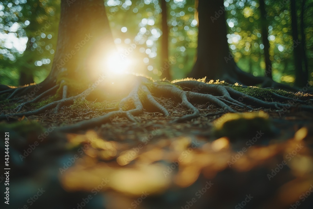 Poster Sunlit tree roots in a lush forest, showcasing the intricate network beneath the surface.
