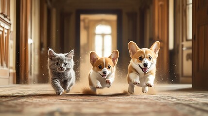 mansion two British Shorthair kittens and two corgi puppies racing down a hallway of an abandoned