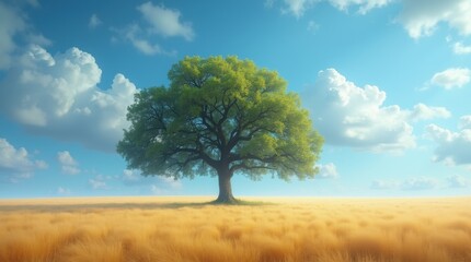 Obraz premium Solitary oak tree in golden field beneath dramatic blue sky, minimal and tranquil landscape.