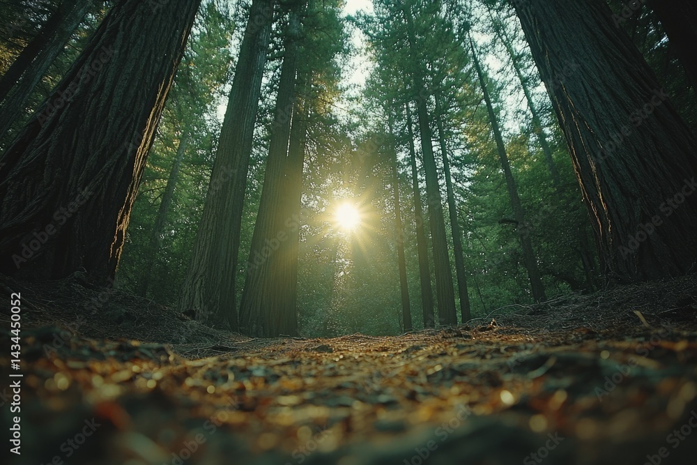 Poster sunlight streams through towering redwood trees in a lush, tranquil forest.